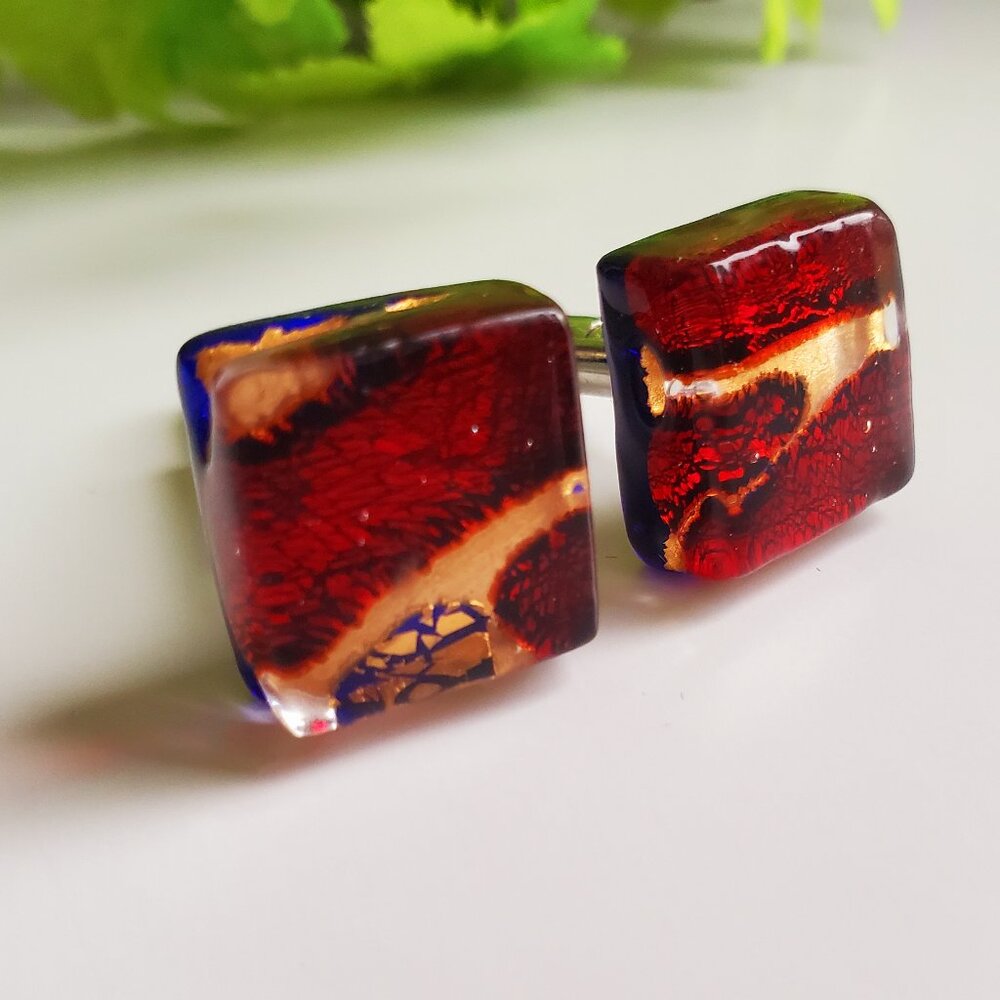 ITALIAN MURANO GLASS Men's Cufflinks Vibrant Red Infused 24K Gold | Chrome Back